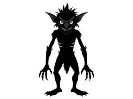 Black silhouette of a goblin isolated on a white background. Concept of Halloween, mythical creature, troll, fantasy character, eerie illustration, design art. vector