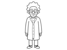 Cartoon outline of eccentric mad scientist character in lab coat isolated on white background. Concept of crazy professor, mad genius, Halloween character. Print, design element. vector