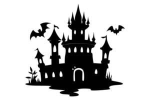 Black silhouette of a haunted castle with bats isolated on a white background. Concept of spooky decoration, haunted house, minimalist style, Halloween design. Print, icon, art element. vector