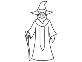 Black and white outline illustration of a wizard in a robe and hat holding a staff. Concept of sorcerer, magic, fantasy, character, medieval. Print, design element, art. vector