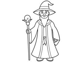 Black and white outline illustration of a wizard in a robe and hat holding a staff. Concept of sorcerer, magic, fantasy, character, medieval. Print, design element, art. vector