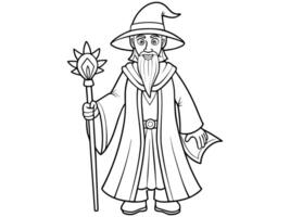 Black and white outline illustration of a wizard in a robe and hat holding a staff. Concept of sorcerer, magic, fantasy, character, medieval. Print, design element, art. vector