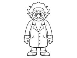 Cartoon outline of eccentric mad scientist character in lab coat isolated on white background. Concept of crazy professor, mad genius, Halloween character. Print, design element. vector