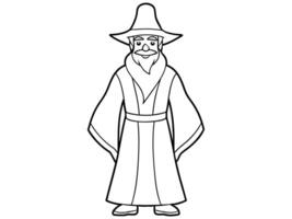 Black and white outline illustration of a wizard in a robe and hat holding a staff. Concept of sorcerer, magic, fantasy, character, medieval. Print, design element, art. vector