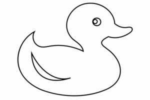 Black outline of a rubber duck isolated on a white background. Bath toy duck icon. Concept of minimalism, bath toy, simple design. Print, icon, logo, template, design element, coloring page vector