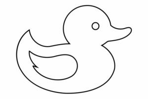 Black outline of a rubber duck isolated on a white background. Bath toy duck icon. Concept of minimalism, bath toy, simple design. Print, icon, logo, template, design element, coloring page vector