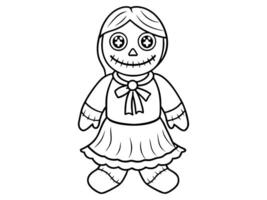 Black outline of a haunted doll with stitched smile and button eyes isolated on white background. Concept of spooky character, Halloween decoration, rag doll, creepy toy, and minimalist illustration. vector