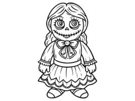 Black outline of a haunted doll with stitched smile and button eyes isolated on white background. Concept of spooky character, Halloween decoration, rag doll, creepy toy, and minimalist illustration. vector