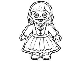Black outline of a haunted doll with stitched smile and button eyes isolated on white background. Concept of spooky character, Halloween decoration, rag doll, creepy toy, and minimalist illustration. vector
