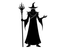 Black silhouette of a wizard isolated on a white background. Concept of Halloween, evil sorcerer, magic fantasy character, cast spells, minimalist style, print, icon, design element. vector