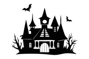 Black silhouette of haunted house with bats isolated on a white background. Concept of spooky decoration, haunted castle, minimalist style, spooky mansion, Halloween design vector
