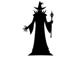 Black silhouette of a wizard isolated on a white background. Concept of Halloween, evil sorcerer, magic fantasy character, cast spells, minimalist style, print, icon, design element. vector