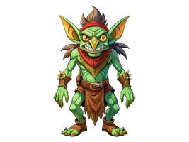 Green goblin in a cartoonish style isolated on a white background. Concept of Halloween, fantasy character, troll, mythical creature, playful artwork, whimsical illustration. Print, design element. vector