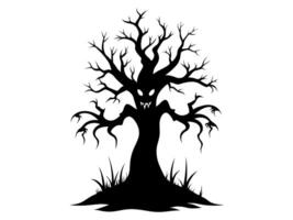 Black silhouette of a spooky tree with an ominous face and creepy roots isolated on a white background. Concept of Halloween, haunted tree, horror, haunted forest, evil nature. vector