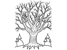 Black silhouette of a creepy tree with bare branches and spooky face. Concept of haunted forest, spooky Halloween, scary illustration, eerie design. Print, icon, art element. vector