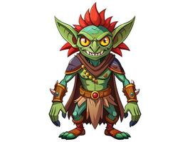 Green goblin in a cartoonish style isolated on a white background. Concept of Halloween, fantasy character, troll, mythical creature, playful artwork, whimsical illustration. Print, design element. vector