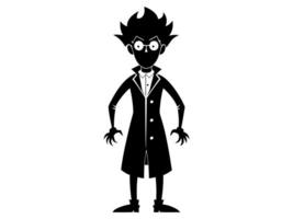 Black silhouette of eccentric mad scientist isolated on white background. Concept of crazy professor, mad genius, minimalist character, Halloween. Print, design element, illustration. vector