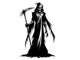 Black silhouette of the Grim Reaper isolated on a white background. Concept of death, spooky figure, minimalist style, Halloween. Print, digital art, illustration, design element vector