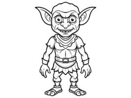 Goblin black outline illustration isolated on white background. Concept of fantasy creature, troll, Halloween, mythical character, cute monster, playful imp, design element, art, print, illustration. vector