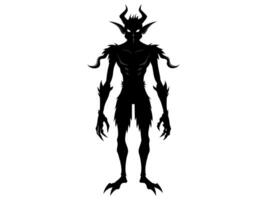 Black silhouette of devil character isolated on a white background. Concept of Halloween, fantasy creature, mythical demon, villainous imp, digital art. Print, illustration, design element vector