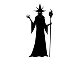 Black silhouette of a wizard isolated on a white background. Concept of Halloween, evil sorcerer, magic fantasy character, cast spells, minimalist style, print, icon, design element. vector