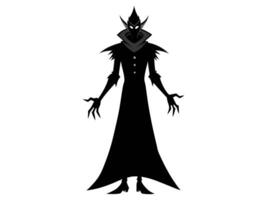 Black silhouette of a wizard isolated on a white background. Concept of Halloween, evil sorcerer, magic fantasy character, cast spells, minimalist style, print, icon, design element. vector