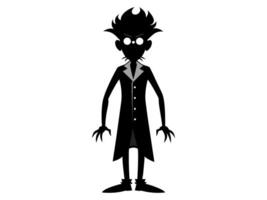 Black silhouette of eccentric mad scientist isolated on white background. Concept of crazy professor, mad genius, minimalist character, Halloween. Print, design element, illustration. vector