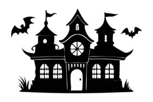 Black silhouette of a haunted castle with bats isolated on a white background. Concept of spooky decoration, haunted house, minimalist style, Halloween design. Print, icon, art element. vector