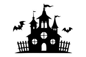 Black silhouette of a haunted castle with bats isolated on a white background. Concept of spooky decoration, haunted house, minimalist style, Halloween design. Print, icon, art element. vector