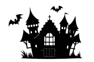 Black silhouette of a haunted castle with bats isolated on a white background. Concept of spooky decoration, haunted house, minimalist style, Halloween design. Print, icon, art element. vector