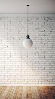 White brick wall with a lamp on the background of stone tiles. . photo