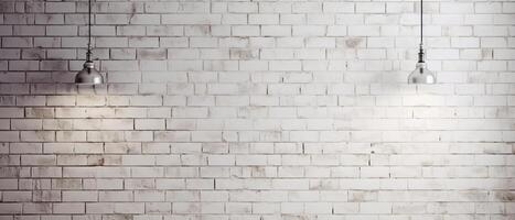 White brick wall with a lamp on the background of stone tiles. . photo