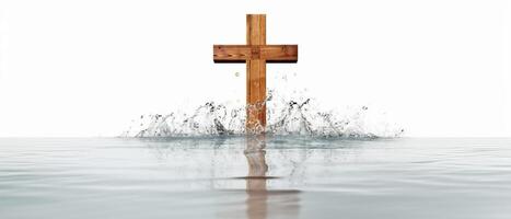 de madera cruzar soportes rodeado por agua. . foto