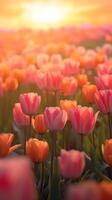 A field of tulips at sunrise. . photo