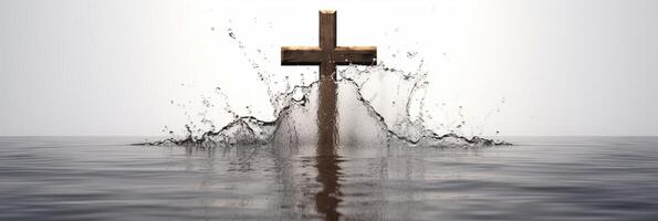 Wooden cross stands surrounded by water. . photo
