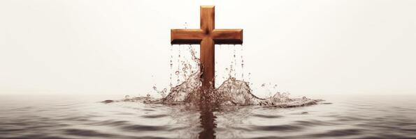 Wooden cross stands surrounded by water. . photo