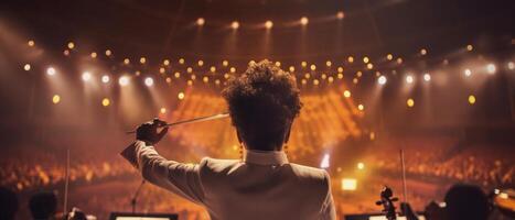 A young woman confidently leads an orchestra with a baton. Concept of musical talent. . photo