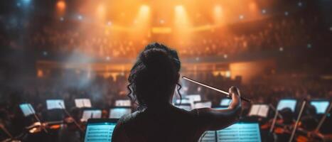 A young woman confidently leads an orchestra with a baton. Concept of musical talent. . photo