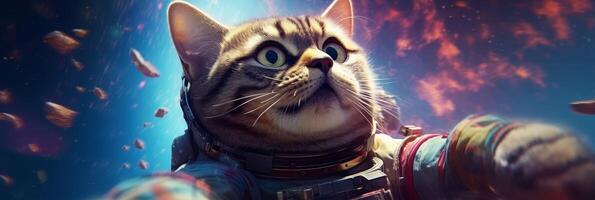 The astronaut cat soars through a vast galaxy. Exploring the wonders of space. . photo