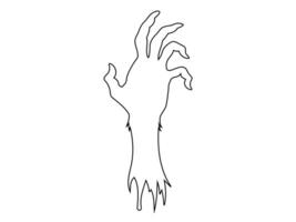 Black outline of creepy zombie hand isolated on a white background. Eerie monster hand. Concept of horror, Halloween, creepy design. Print, design element, coloring page. Graphic art vector