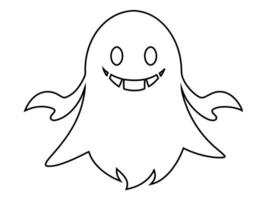 Black outline of funny smiling cute ghost isolated on white background. Concept of spooky spirit, Halloween symbol, minimalist design, cute phantom. Print, icon, design element, coloring page vector