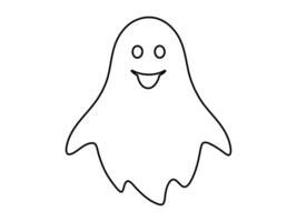 Black outline of funny smiling cute ghost isolated on white background. Concept of spooky spirit, Halloween symbol, minimalist design, cute phantom. Print, icon, design element, coloring page vector