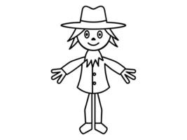 Black outline of cartoon scarecrow with witch hat and attire isolated on white background. Concept of Halloween, autumn, spooky character, farm decoration. Print, digital art, design element. vector
