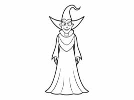 Black outline of a witch isolated on a white background. Concept of Halloween character, mythical sorceress, minimalist style, spooky figure. Print, icon, design element. vector