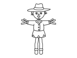 Black outline of cartoon scarecrow with witch hat and attire isolated on white background. Concept of Halloween, autumn, spooky character, farm decoration. Print, digital art, design element. vector
