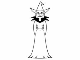 Black outline of a witch isolated on a white background. Concept of Halloween character, mythical sorceress, minimalist style, spooky figure. Print, icon, design element. vector