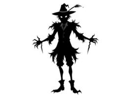 Black silhouette of cartoon scarecrow with witch hat and attire isolated on white background. Concept of Halloween, autumn, spooky character, farm decoration. Print, digital art, design element vector