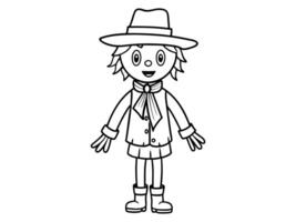 Black outline of cartoon scarecrow with witch hat and attire isolated on white background. Concept of Halloween, autumn, spooky character, farm decoration. Print, digital art, design element. vector