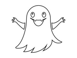 Black outline of funny smiling cute ghost isolated on white background. Concept of spooky spirit, Halloween symbol, minimalist design, cute phantom. Print, icon, design element, coloring page vector