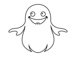Black outline of funny smiling cute ghost isolated on white background. Concept of spooky spirit, Halloween symbol, minimalist design, cute phantom. Print, icon, design element, coloring page vector